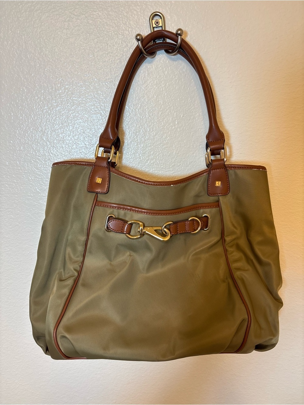 Calvin Klein Olive Green nylon Tote with Brown Trim and Gold Hardware